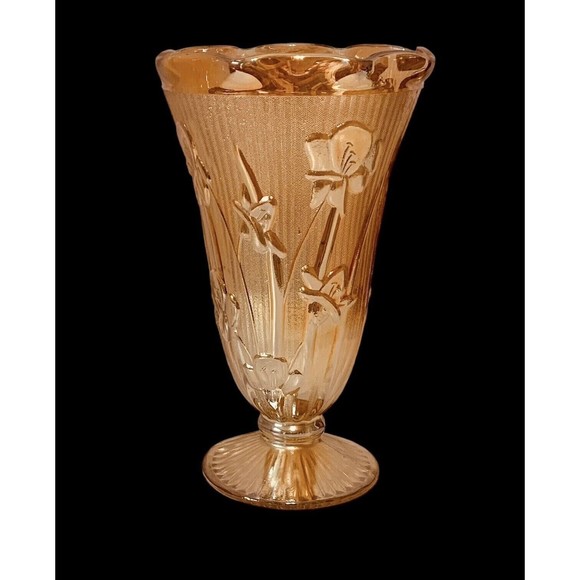 Jeanette Glass Iris & Herringbone Marigold Tall Footed Vase 9" Tall - Picture 1 of 6